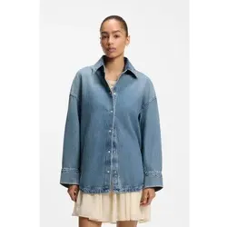BOSS für Damen. 50567186 Blaues Vintage-Oversized-Hemd aus starrem Denim (S), Lässig, Baumwolle, Langarm