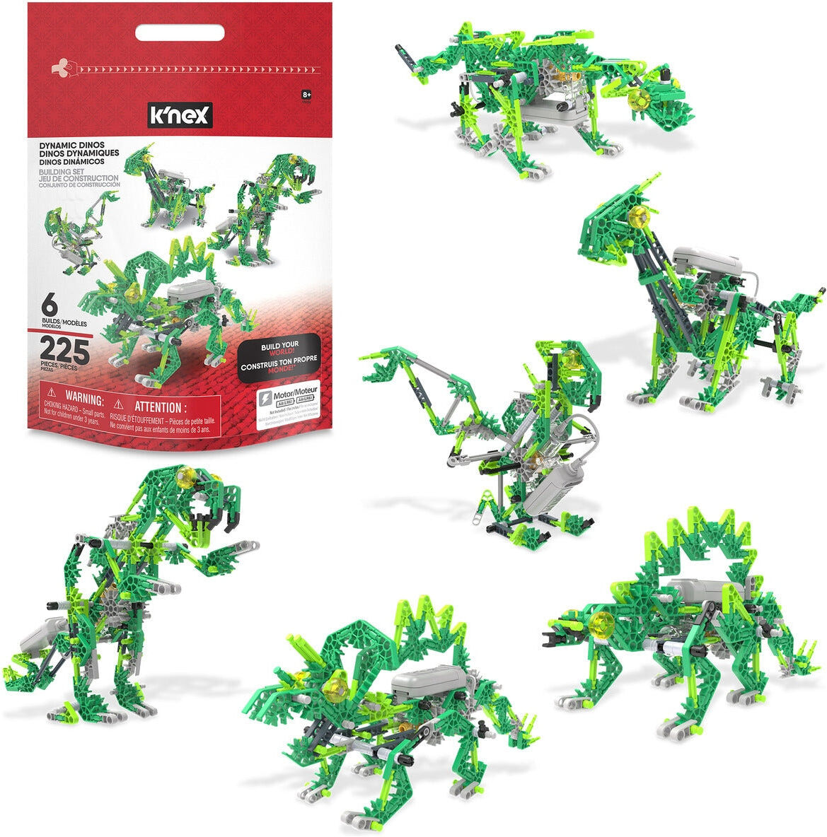 Basic Fun! K'NEX Dynamic Dinos 225-Piece 6-in-1 Motorised Building Set for Kids - Ages 6 and Up - 225 Pieces