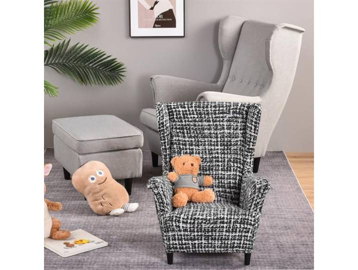 Highdi Enfant Housse de Fauteuil à Oreilles Extensible 2-Pièces Couverture de Fauteuil avec Housse de Coussin en T\, Mode Imprimév Strandmon Housse de Fauteuil Antidérapante (Noir et Blanc)