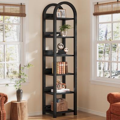 BLUEBELL 71'' Tall Brown Wood Arched Bookshelf Narrow Skinny Bookshelf with 6 Open Shelves