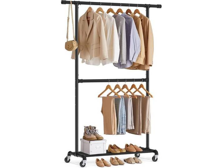Portant à Vêtements Capacité de Charge 110 kg Porte-manteau sur Roulettes Porte-vêtements Mobile Tringle du Milieu Réglable
