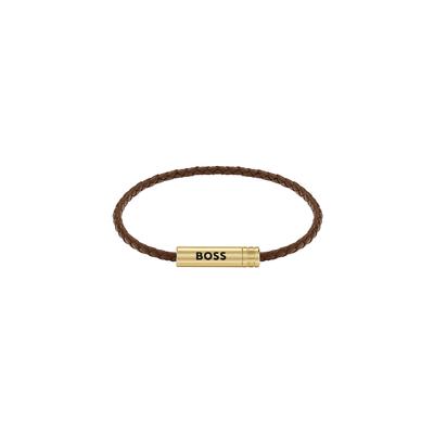 Lederarmband BOSS "ARES AIR", braun (gelbgoldfarben, braun), Armbänder, Herren, 19cm, Edelstahl Leder, Edelstahl, Leder, Lederarmband, Emaille