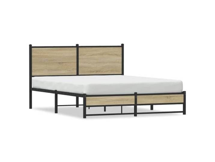 PUGYNBK Bettgestell aus Metall, 150 x 200 cm, Sonoma-Eiche Kopfteil inklusive, Metallleisten, Stauraum, robuster Stahl