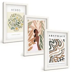 BILDER SET 3er Set - 20x30 cm Weißer Rahmen - Boho-Pastell-Minimalisten-Poster