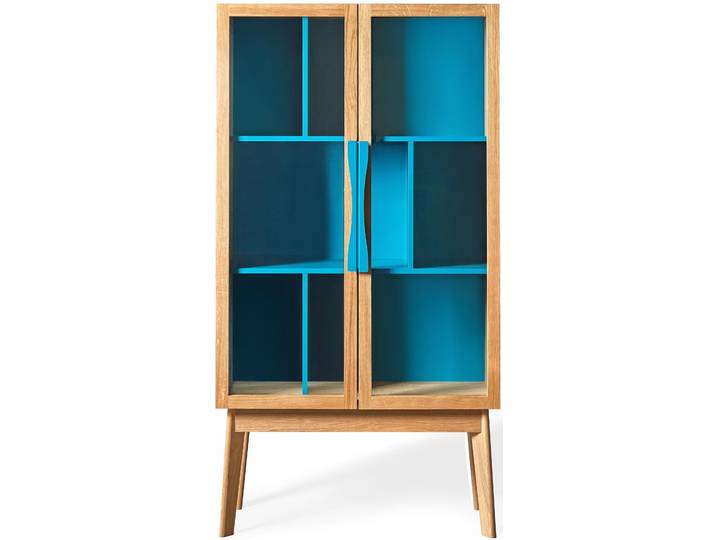 Bücherregal WOODMAN Hilla , blau (natur, blau), Regale, Bücherregal, Breite 88 cm, Türen mit Glaseinsätzen, Holzfurnier aus Eiche, FSC