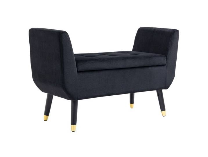 Banc capitonné - Velours polyester - Coffre de rangement - Bois d'hévéa - Noir