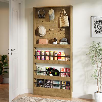 YUZHOU "70"" Behind The Door Shelf with Pegboard, Slim Wall Mounted Bookcase with Hooks for Kids Room, Living Room, Brown"