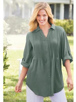 Plus Size Women's Pintucked Button Down Gauze Shirt by Woman Within in Pine (Size 4X)