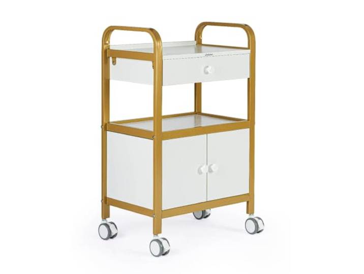 Calissimo Kosmetikwagen und Friseurwagen mit Schublade, universeller Beistellwagen auf Rollen, Beistelltisch für Friseursalon und Kosmetikstudio, Weiß-Gold