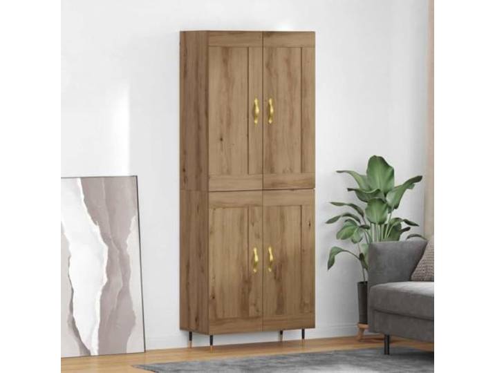 Elegantes Highboard mit Metallfüßen aus langlebigem Holzwerkstoff in Betongrau – Modernes Design Schrank mit viel Stauraum für das Wohnzimmer und Sicherheitshinweis zur Wandmontage