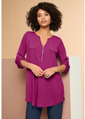 Plus Size Women's Zip Front Ultrasmooth® Fabric Tunic by Roaman's in Raspberry (Size 14/16)