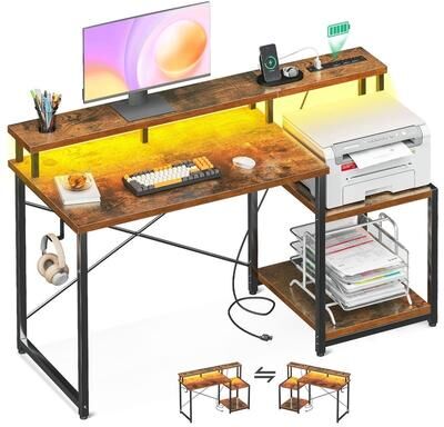 No Computer Desk Reversible Desk with Monitor Shelf & Headphone Hook