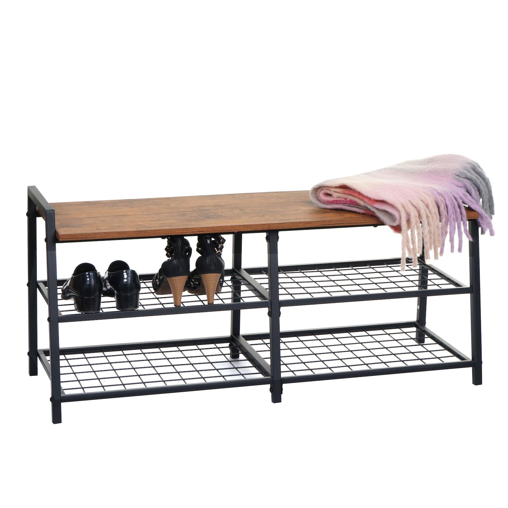 Schuhregal MCW-A27, Schuhschrank Schuhablage Sitzbank, 4 Fächer Metall 3D-Struktur 40x107x38cm, Wildeiche-Optik