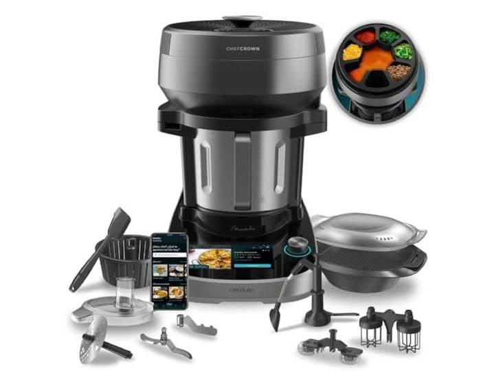 Cecotec Küchenroboter Mambo CooKing Unique. 2200 W, 45 Funktionen mit Lebensmittelspender, Tausende von geführten Rezepten, 5L Unique Krug, Zubehör: Dampfgarer oder Schöpflöffel für Eintöpfe
