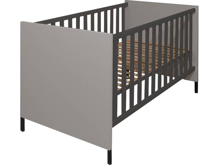 Babybett MÄUSBACHER, grau (kreidegrau, anthrazit), B:76cm H:93cm T:144cm, Holzwerkstoff, Babybetten, Babybett, Metallfüsse, Metallgriffe