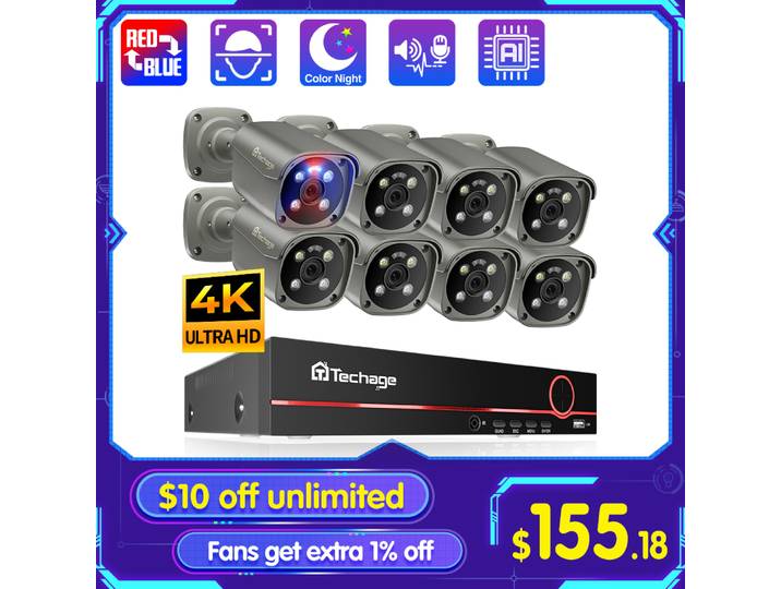 Techage-Système de caméra AI POE H.disparates, détection de visage, vidéo CCTV, kits de surveillance de sécurité, document complet, vision nocturne, 8CH, 5MP, 8MP, 4K