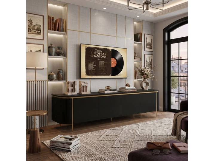 Meuble TV 180 cm Grand Rangement 6 Portes Design Soigné Cannelé & Métal Doré Passe-Câble pour Salon - Noir
