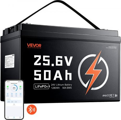 VEVOR LiFePO4 Lithiumaccu 24V 50Ah met Bluetooth BMS, 1280Wh, Zwart