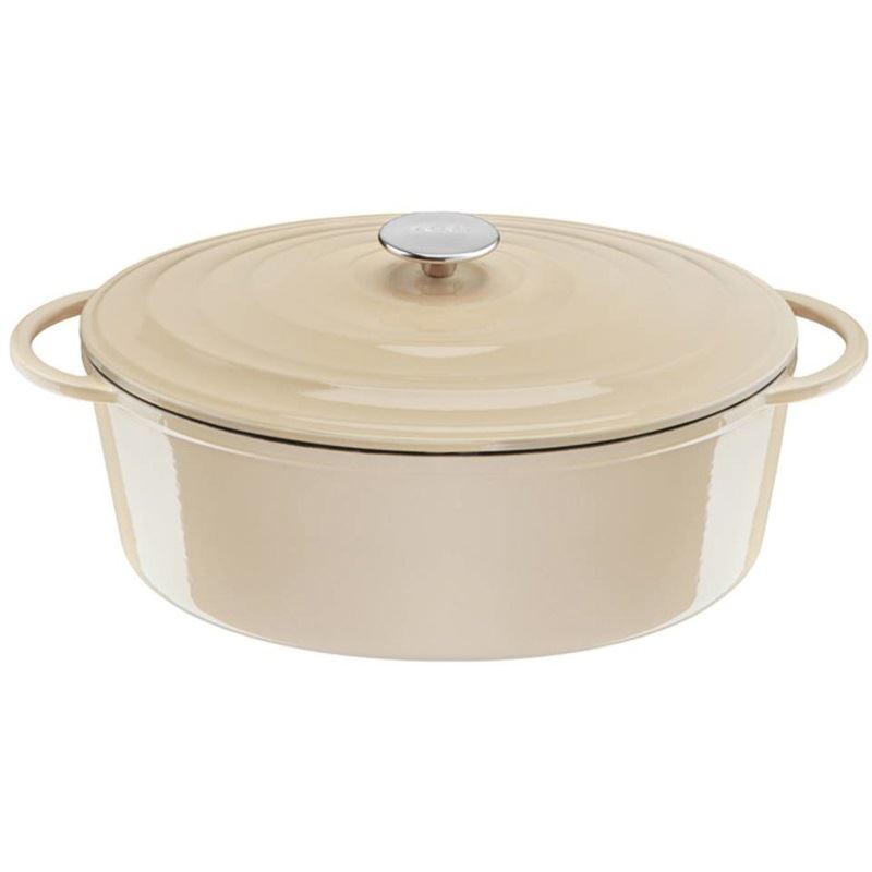 Tefal Ovaler Bräter aus Lov Gusseisen Ø 34cm (beige, mit Deckel, 7,2 Liter)