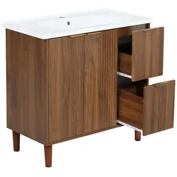 Merax Waschtisch 91 x 47 x 87 cm mit Keramikwaschbecken, 2 Schubladen, Doppeltür und Rillenfront, Nussbaum
