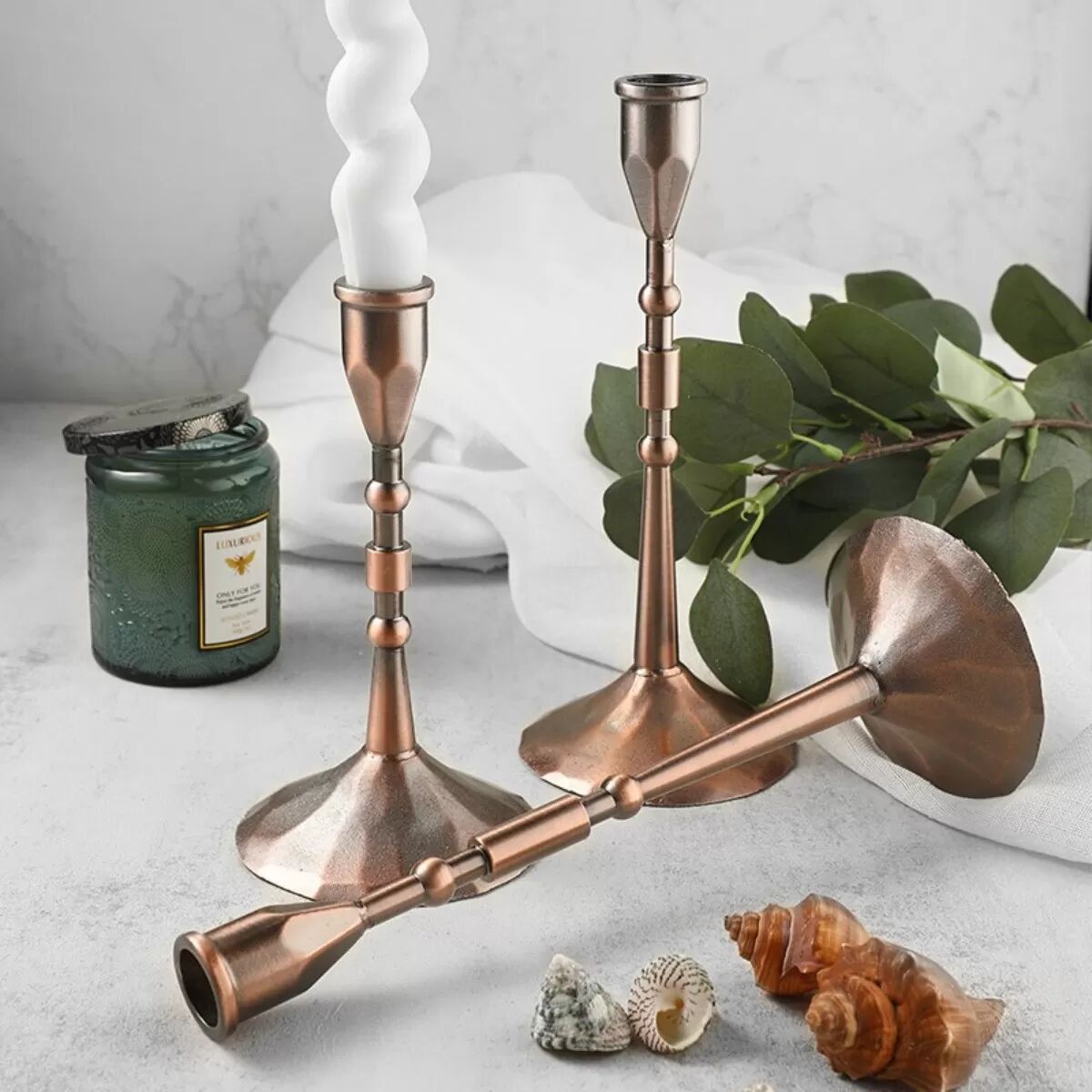 INF Elegante Vintage Kerzenständer, Edelstahl Set mit 3 für Ess- & Wohnzimmerdeko Roségold