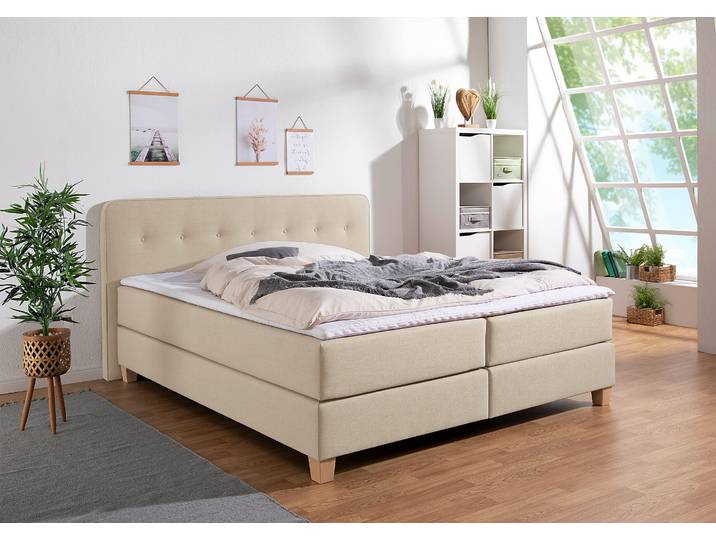 Boxspringbett, Beige, 173x207 cm, Strukturstoff & Samt, Inkl. Topper, Modern, Home-affaire
