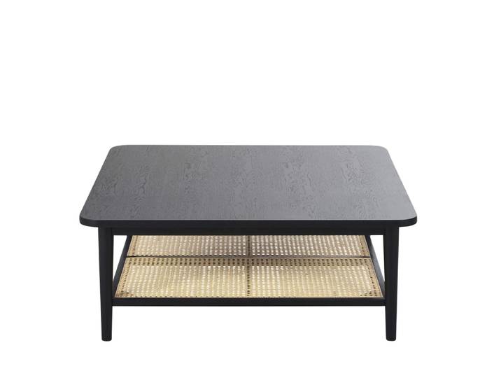 Table basse 2 plateaux noire et cannage en rotin L100