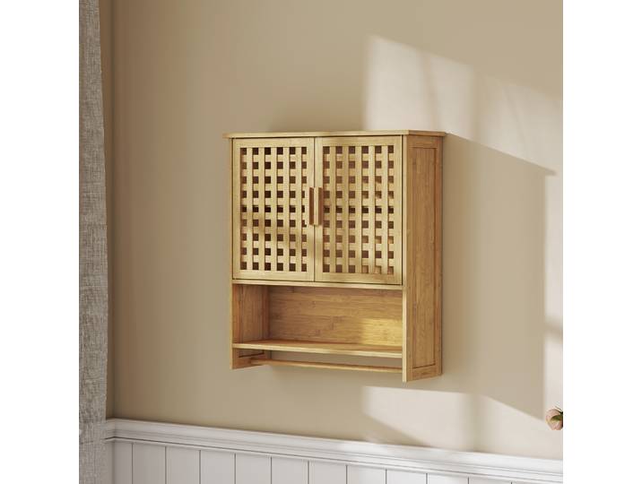 HOMCOM Armoire Murale Bambou 2 Portes Étagère Salle de Bain Bois