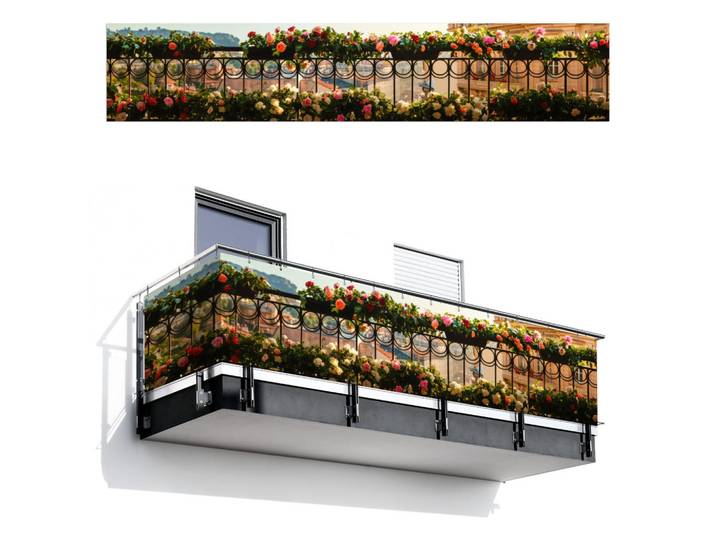 MuchoWow Balkon-Sichtschutz Blumen - Zaun - Stadtbild - Sommer, Pink, Kunststoff, Rechteckig, 500x100 cm, Sonnenschutz, Sichtschutz