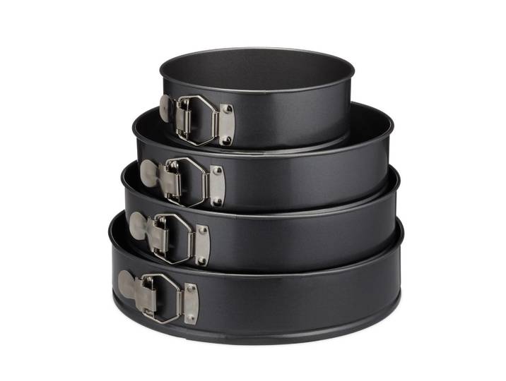 Relaxdays Springformen Grau Metallic 4er-Set Stahl antihaft bis 220 °C, Schwarz, Rund, 28x6.5x28 cm, antihaftbeschichtet, Backen & Backzubehör, Backformen, Springformen