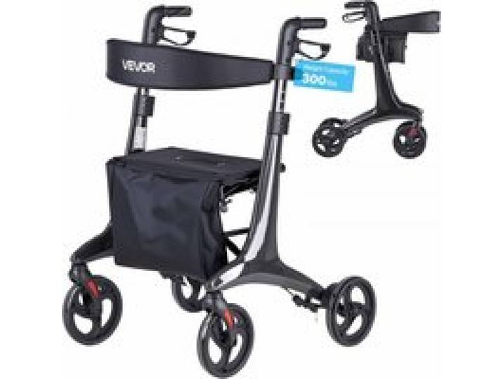 VEVOR Rollator Faltbar mit Sitz, Leichter Gehwagen mit 8 Zoll Reifen, Gehhilfe bis 136kg mit Rückenlehne Tasche Gehstockhalter, Höheverstellbare Laufhilfe mit Feststellfunktion für Senioren, Schwarz