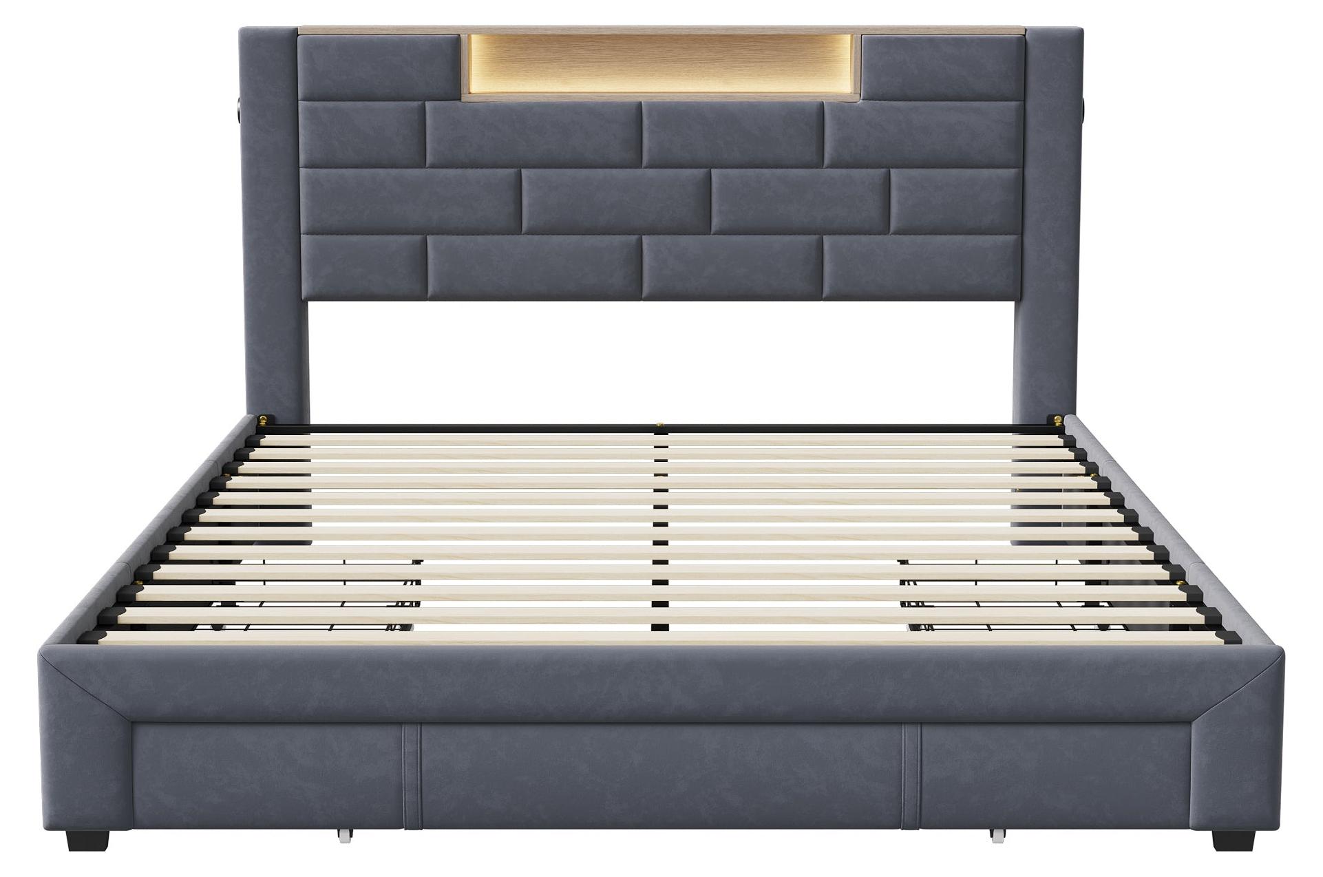Doppelbett 140x200 cm - Bett mit Stauraum - Bett mit Schubladen - Stauraumbett - Bett - Grau bezogen - 3 geräumige Schubladen