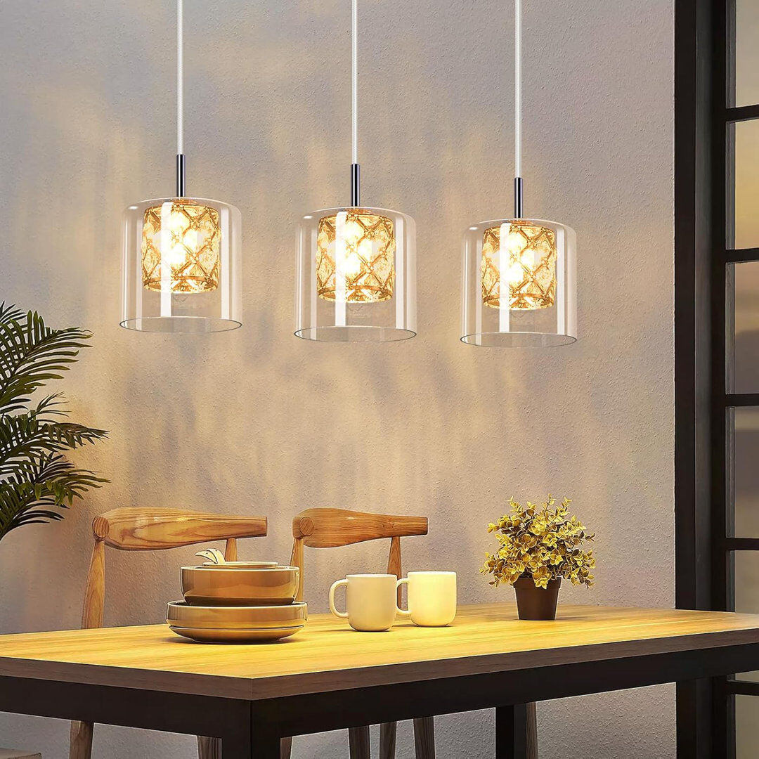 Rosdorf Park G9 Polished Chrome Crystal Pendant Light with Glass Shade for Kitchen Island Polished Chrome 140cm H x 40cm W x 5cm D