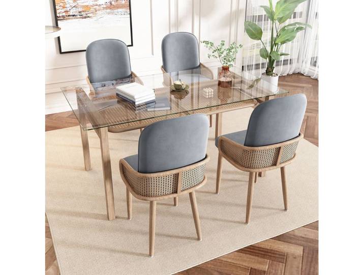 Ensemble de table à manger 4 personnes 4 chaises en velours et rotin PE gris
