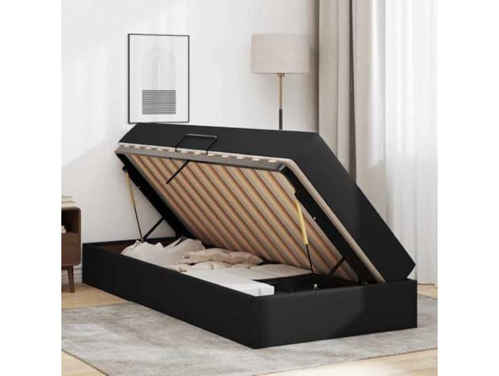 KTHLBRH Boxspringbett mit Matratze, 2-teilig, schwarz, Leder Metallgestell, hydraulischer Heber, 194 x 90 cm, kurzes Einzelstück, leicht zu reinigen