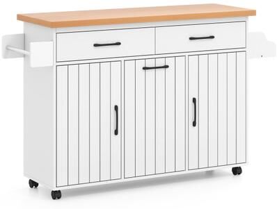 Costway Mobile Kitchen Island Table with Trash Bag Storage for Dining Room-White