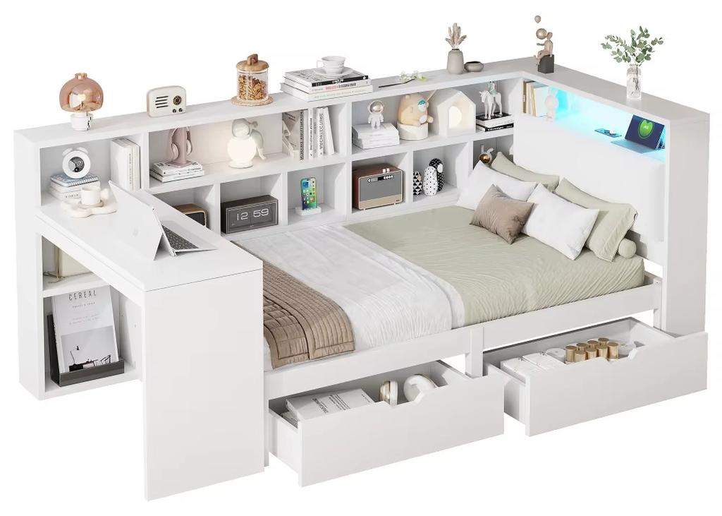 L-förmiges Holzbett - Eckbett mit Schreibtisch und Bücherregal - Matratze 90 x 200 cm - Gesamtgröße 140 x 200 cm - Schubladen - LED-Beleuchtung - Weiß