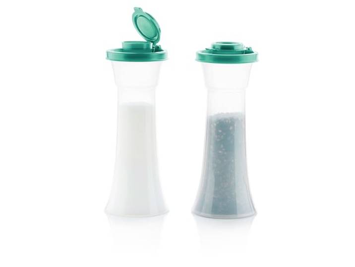 Tupperware Sanduhr Salz- und Pfefferstreuer Set in Blaugrün, flüssigkeitsdichte Deckel, BPA-frei, spülmaschinenfest