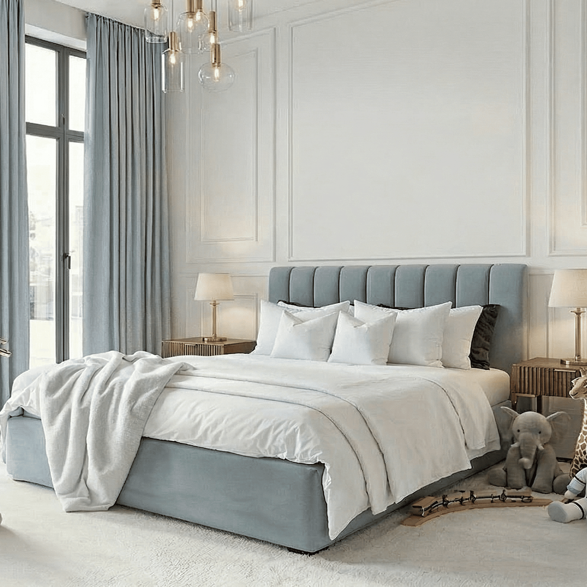Jessabelle Luxury Baby Blue Velvet Panelled Bed, Emperor / Ottoman Storage