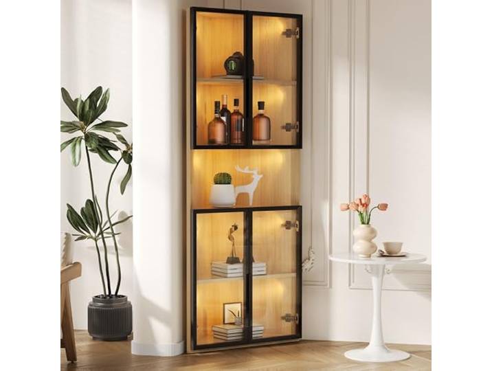 BTM Eiche Glasvitrine Stehend mit Tür, Eckvitrine Wohnzimmer, 160cm LED Vitrine Schmal Sammlervitrine Eckschrank