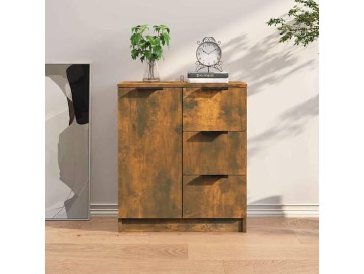 RJPLMFV Anrichte Eiche rauchfarben, 60 x 30 x 70 cm, Holz Wendbare Tür, geräumige Aufbewahrung, robuste Oberseite, Wandbefestigung inklusive