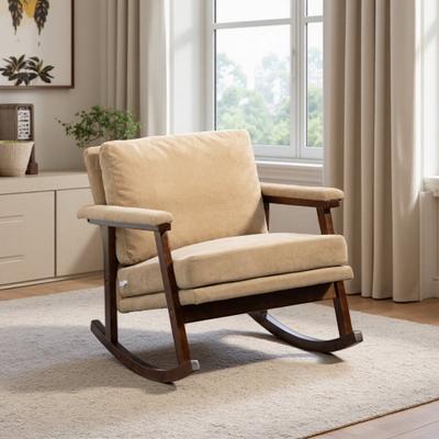 Mid Century Upholstered Rocking Accent Chair with Solid Wood Frame & Lumbar Pillow, Cozy Reading Armchair