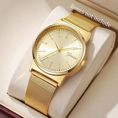Uplift Essentials Elegant Arabic Dial Mesh Watch Set Modern Fashionable Quartz Timepiece With Matching Bracelet Collection For Women gold