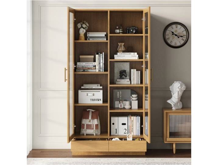 ROVRYN Vitrine de rangement 80 x 40 x 160 cm 2 portes vitrees 2 tiroirs push-to-open bois naturel