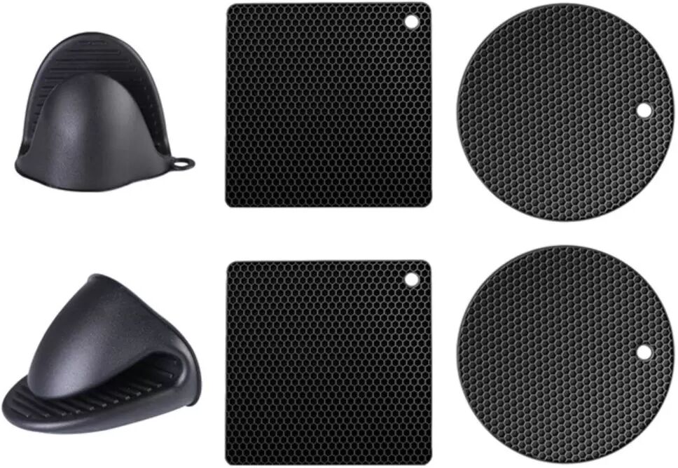 INF Silikon Topflappen und Ofenhandschuhe Set, 6-teilig: Quadratische und runde Wabenpads mit hitzebeständigen Handclips Schwarz
