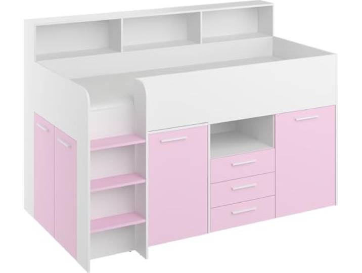 BIM Furniture Etagenbett NEO L Kindermöbel, Möbelset für EIN Kinderzimmer, EIN Bett mit Schreibtisch, Regalen, Schubladen: Linke Seite (weiß/Lavendel)