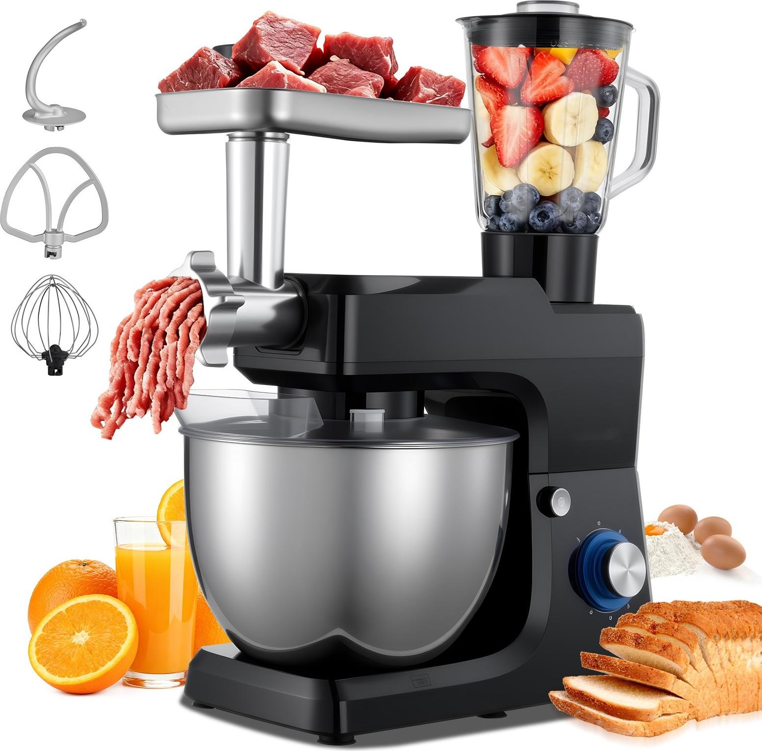 Küchenmaschine - Knetmaschine mit Mixeraufsatz - Leistung 1500 W - Edelstahlschüssel 7,8 L - Mixbecher 1,5 L - Geschwindigkeiten 6 + Pulse - Zubehör: Knethaken, Schneebesen, Rührbesen