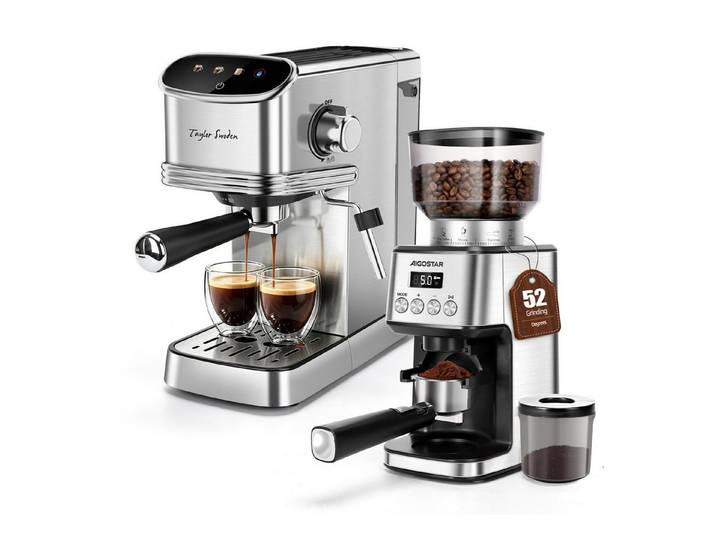 Taylor Swoden Espressomaschine Siebträgermaschine 20 Bar für Pulver & Kapseln, 2 in 1 Kompakte Edelstahl Kapsel Kaffeemaschine mit 1,35L Tank