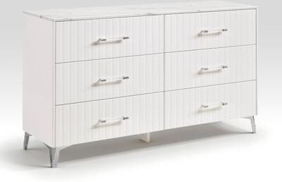 Benjara Cyna Wide Dresser, Faux Marble Top, 6 Drawers, Textured Front, White