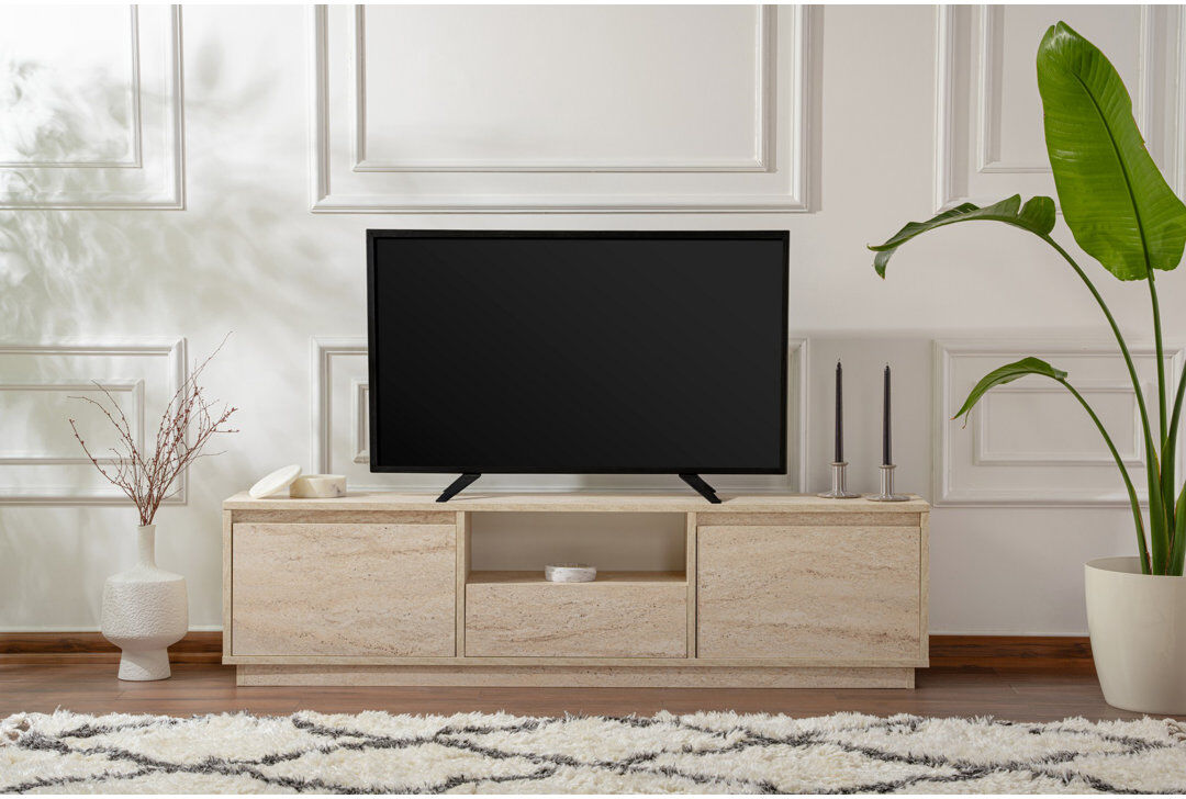 Hanah Home Modern TV Stand, 100% Melamine Coated Particle Board, Marble Design, Durable & Functional for Living Room & Entertainment Spaces Beige 75"